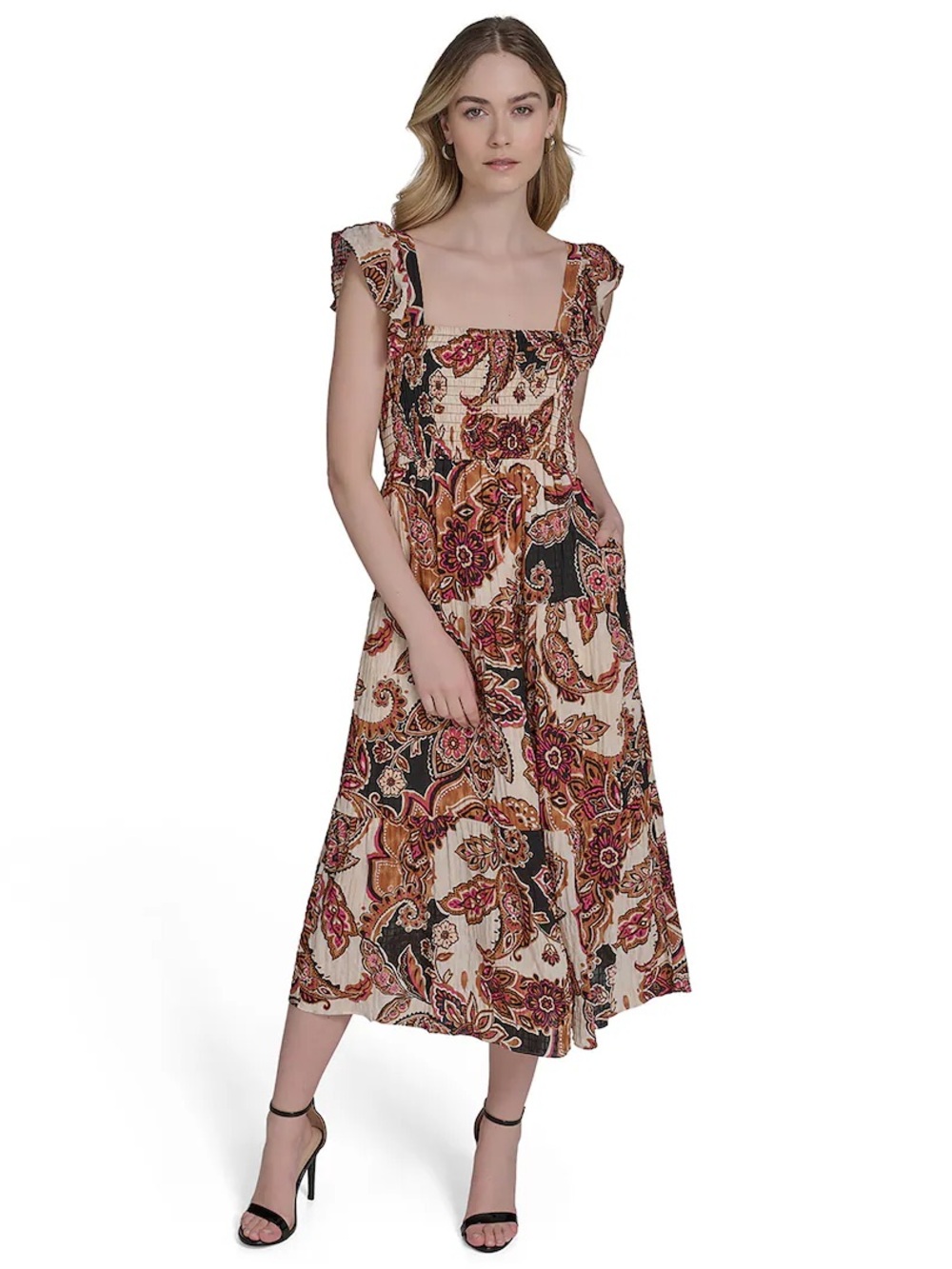 Vince Camuto Cream, Black and Rust Paisley Midi Dress